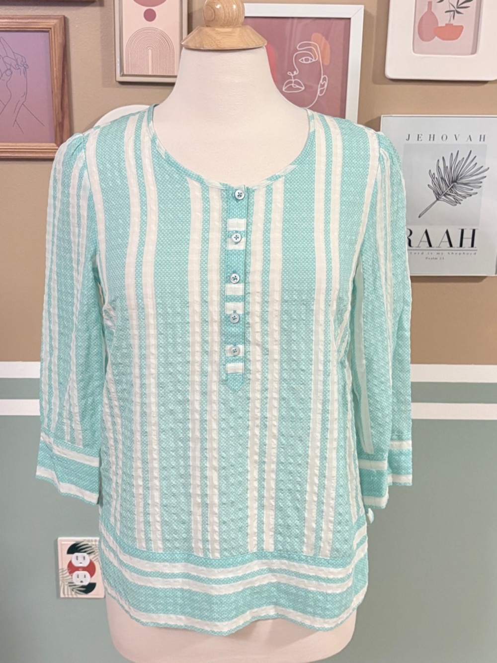 Vineyard Vines Mint & White Striped Henley Silk Blend Blouse